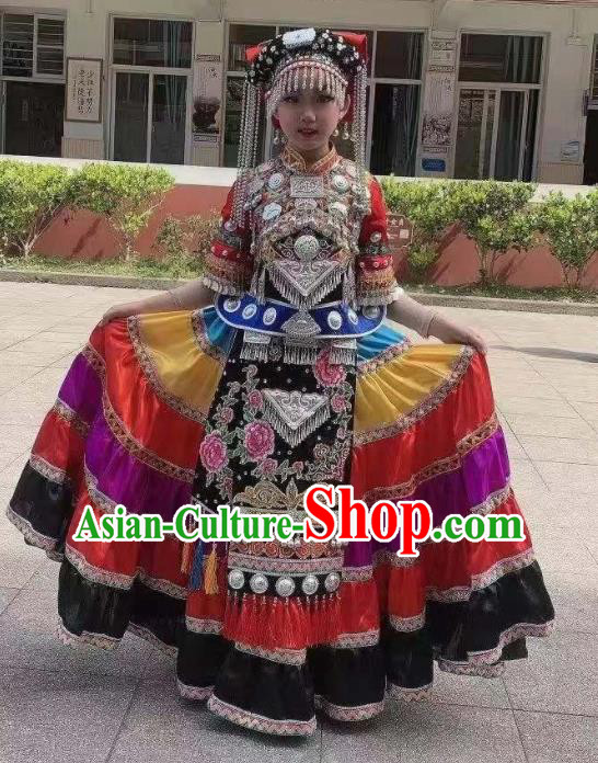 China Qiang Ethnic Folk Dance Costumes Yi Minority Children Festival Dress Uniforms Bouyei Nationality Girl Performance Apparels