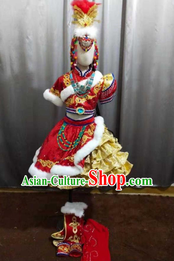 China Zang Minority Festival Short Dress Uniforms Tibetan Nationality Children Performance Apparels Xizang Ethnic Girl Folk Dance Costumes