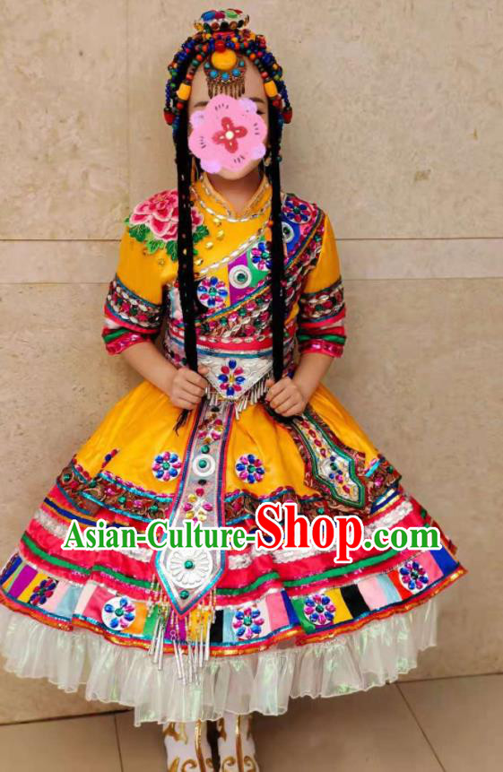 China Ethnic Children Folk Dance Costumes Zang Minority Kids Yellow Dress Uniforms Tibetan Nationality Girl Performance Apparels