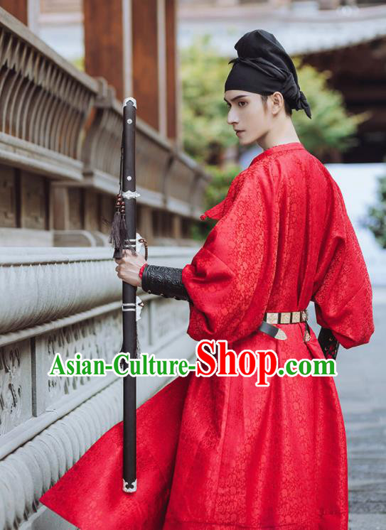 China Ancient Swordsman Garment Costume Traditional Hanfu Red Robe Tang Dynasty Young Hero Historical Clothing
