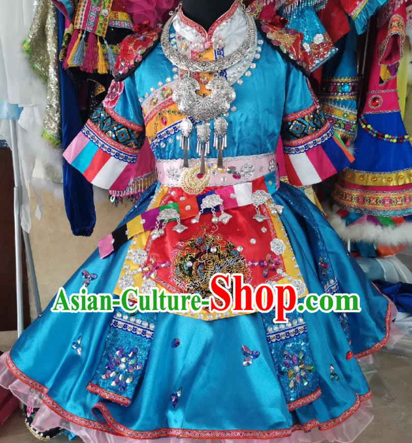 China Lisu Minority Children Blue Dress Uniforms Pumi Nationality Girl Performance Apparels Ethnic Folk Dance Costumes