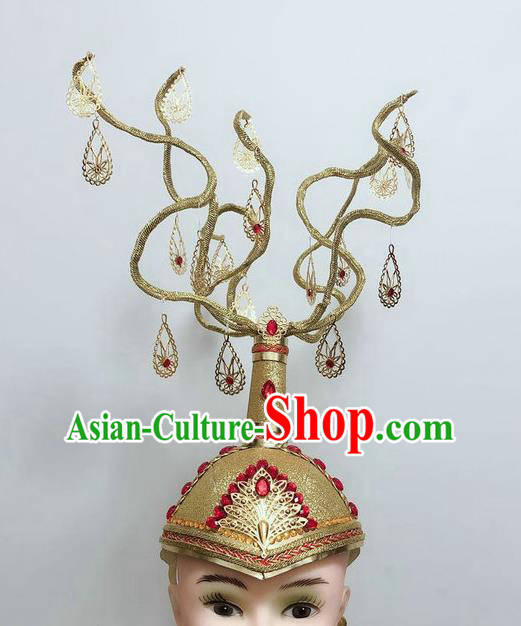 China Mongolian Ethnic Performance Headdress Mongol Nationality Dance Hair Accessories Minority Folk Dance Golden Hat