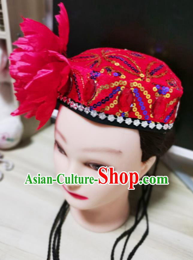 China Xinjiang Minority Dance Headwear Uyghur Ethnic Performance Headpiece Uighur Nationality Folk Dance Red Hat