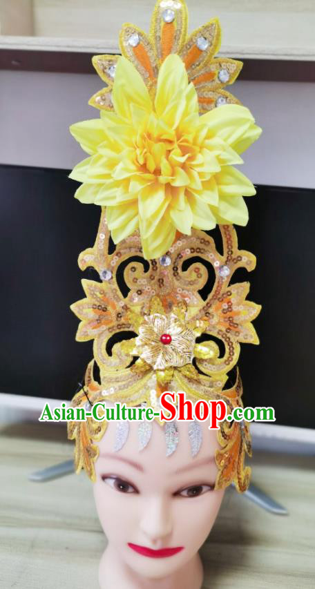 Chinese Opening Dance Yellow Peony Hair Crown Woman Group Dance Hair Accessories Stage Performance Headdress Modern Dance Headpiece