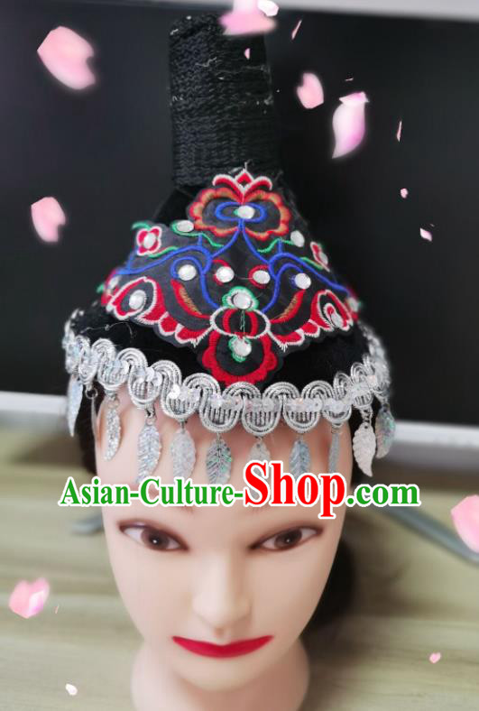 China Dong Nationality Folk Dance Black Hat Xiangxi Minority Dance Headwear Yi Ethnic Performance Headpiece
