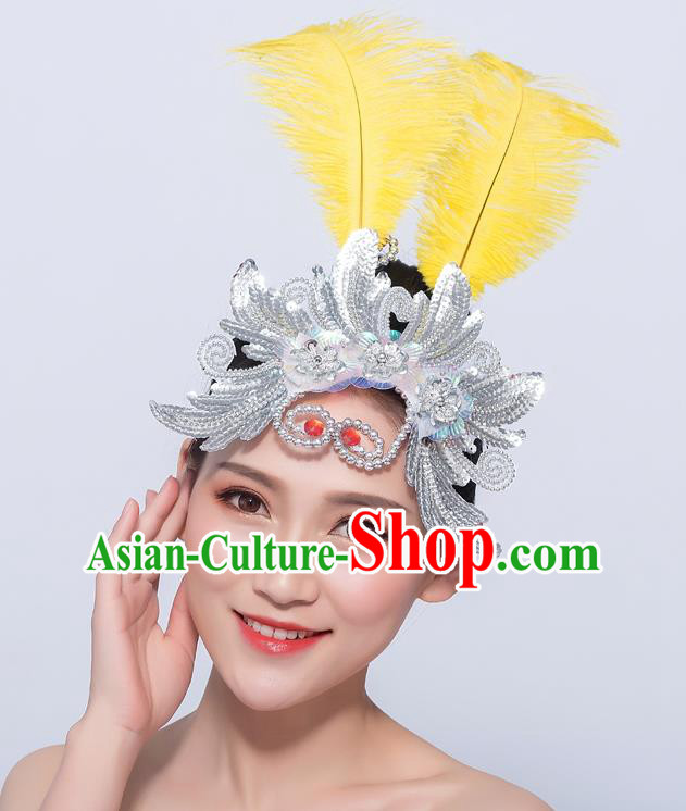 Professional Yangko Dance Headpiece Folk Dance Hair Accessories Fan Dance Yellow Feather Hair Stick Opening Dance Headdress
