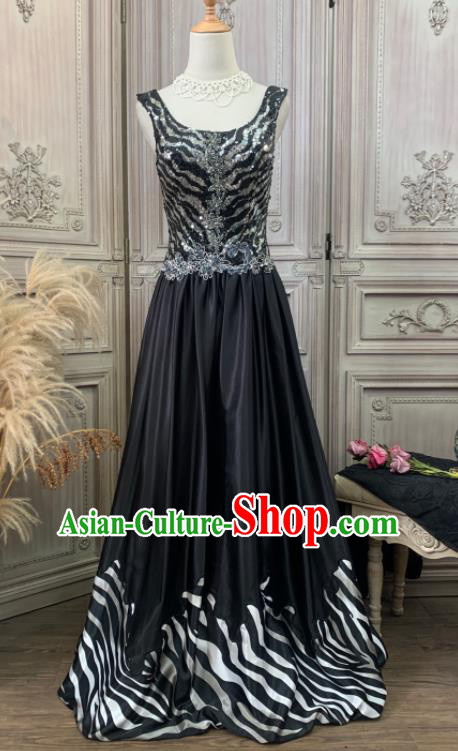 Vintage Annual Meeting Formal Attire Black Sequins Full Dress Ballroom Dance Clothing European Party Garment Costume