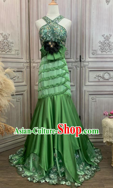 Top Annual Meeting Formal Attire Wedding Green Trailing Full Dress Waltz Dance Embroidery Sequins Clothing European Vintage Garment Costume