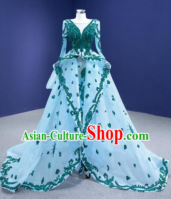 Custom Bride Light Blue Trailing Dress Stage Performance Costume Luxury Bridal Gown Wedding Dress Ceremony Formal Garment