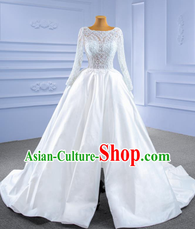 Custom Lace Wedding Dress Ceremony Formal Garment Bride White Satin Trailing Dress Stage Performance Costume Luxury Bridal Gown