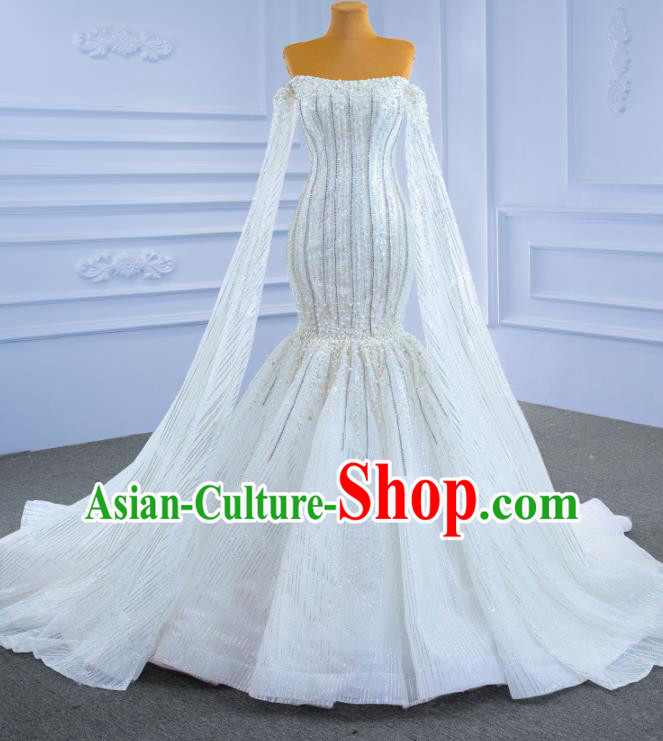 Custom Luxury Bridal Gown Embroidery Beads Wedding Dress Ceremony Formal Garment Bride White Trailing Dress Stage Performance Costume