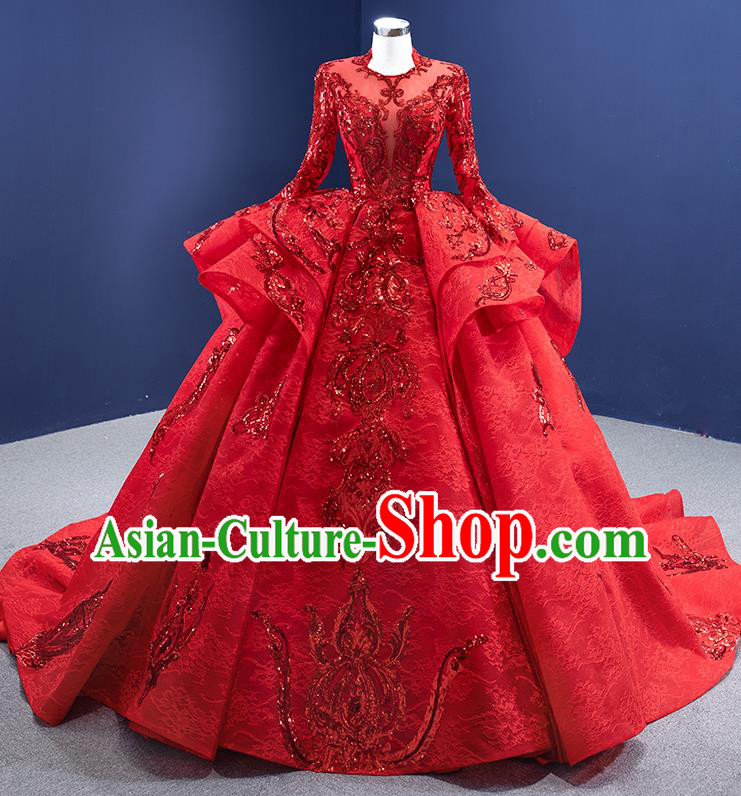 Custom Stage Show Costume Luxury Bridal Gown Embroidery Sequins Wedding Dress Ceremony Formal Garment Bride Red Trailing Dress