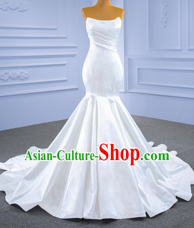 Custom Bride White Satin Trailing Dress Stage Show Costume Luxury Bridal Gown Fishtail Wedding Dress Ceremony Formal Garment