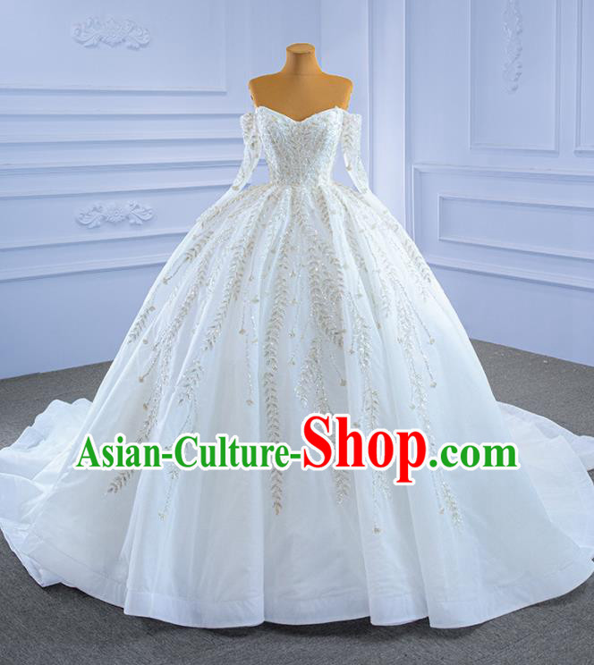 Custom Ceremony Formal Garment Bride White Trailing Dress Stage Show Costume Luxury Bridal Gown Embroidery Sequins Wedding Dress