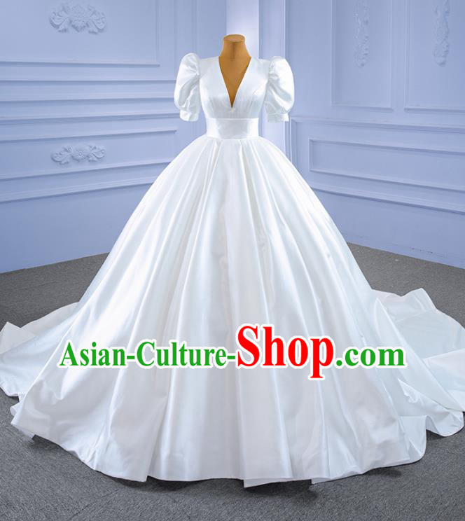 Custom Luxury Bridal Gown Vintage White Satin Wedding Dress Ceremony Formal Garment Bride Long Trailing Dress Stage Show Costume