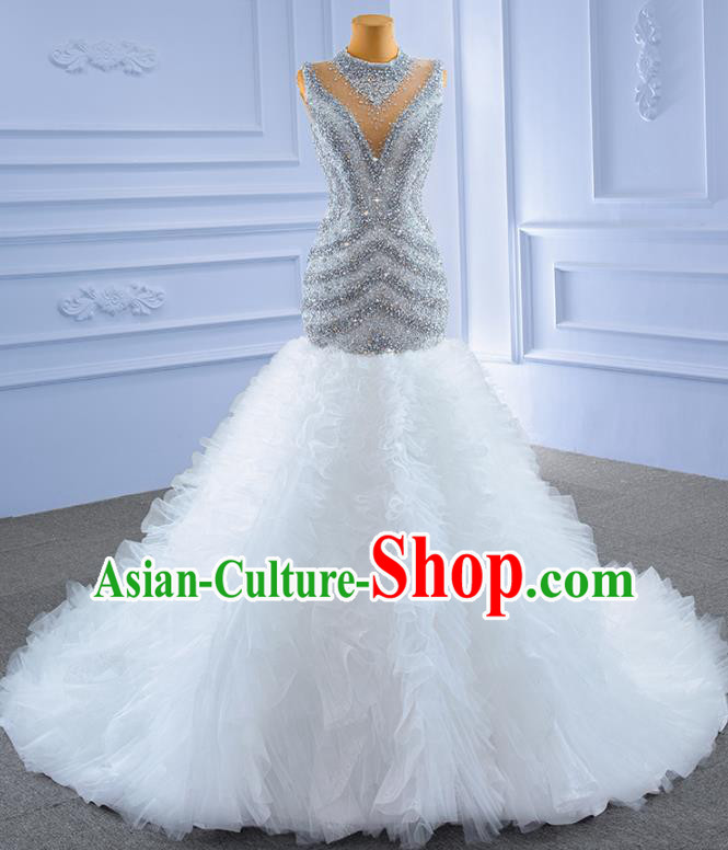 Custom Stage Show Costume Luxury Trailing Bridal Gown Vintage Diamante Wedding Dress Ceremony Formal Garment Bride Full Dress