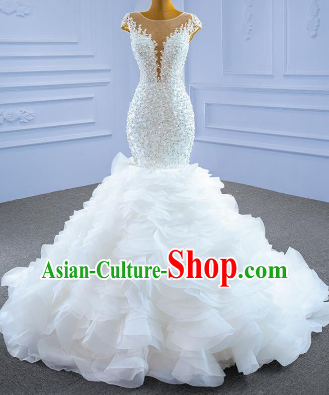 Custom Bride Trailing Full Dress Stage Show Costume Luxury Fishtail Bridal Gown Vintage Embroidery Beads Wedding Dress Ceremony Formal Garment