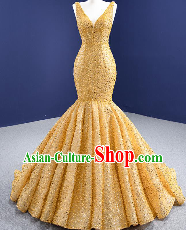 Custom Ceremony Formal Garment Bride Golden Fishtail Full Dress Stage Show Costume Luxury Bridal Gown Vintage Embroidery Sequins Wedding Dress