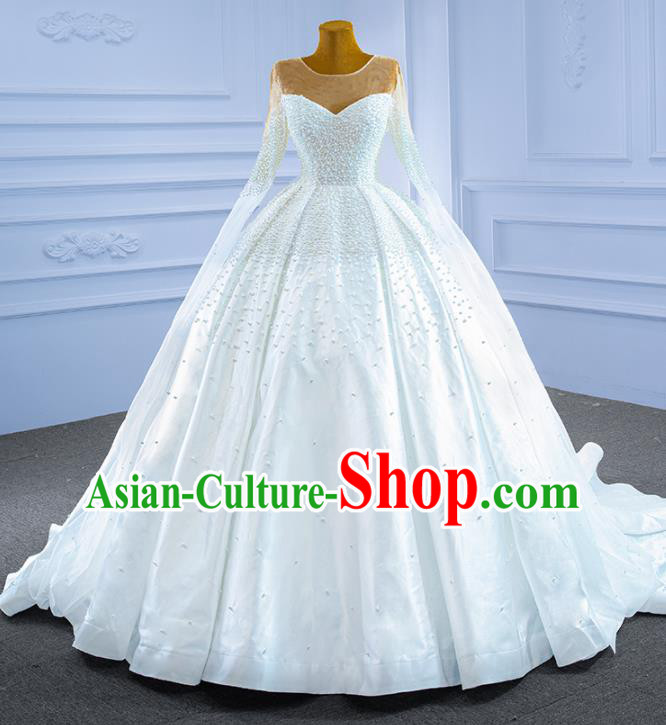 Custom Luxury Compere Clothing Vintage White Trailing Wedding Dress Ceremony Formal Garment Bride Embroidery Pearls Full Dress Stage Show Costume