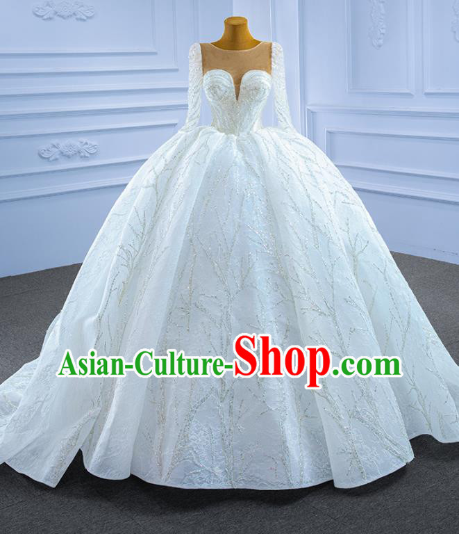 Custom Stage Show Costume Compere Clothing Vintage Luxury Trailing Wedding Dress Ceremony Formal Garment Bride Embroidery Sequins Full Dress