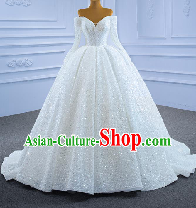 Custom Ceremony Formal Garment Bride Trailing Full Dress Stage Show Costume Compere Clothing Vintage Luxury Embroidery Sequins Wedding Dress
