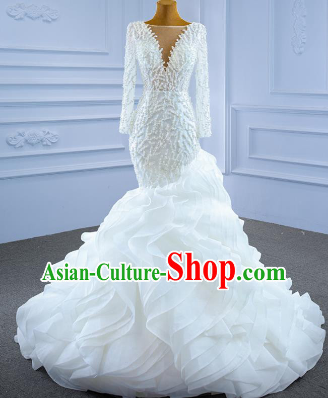 Custom Compere Stage Clothing Vintage Luxury White Flowers Trailing Wedding Dress Marriage Ceremony Formal Garment Bride Embroidery Pearls Full Dress Catwalks Costume