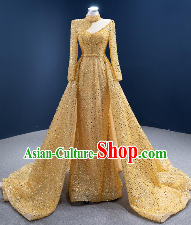 Custom Vintage Luxury Embroidery Sequins Wedding Dress Ceremony Formal Garment Bride Golden Trailing Full Dress Stage Show Costume Compere Clothing