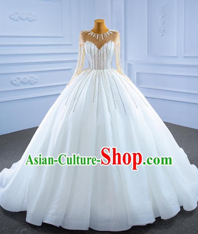 Custom Catwalks Costume Compere Stage Clothing Luxury White Trailing Wedding Dress Marriage Ceremony Formal Garment Bride Vintage Embroidery Sequins Full Dress