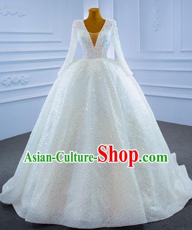 Custom Marriage Ceremony Formal Garment Bride Vintage Embroidery Pearls Full Dress Catwalks Costume Compere Stage Clothing Luxury White Trailing Wedding Dress