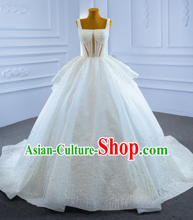 Custom Luxury Trailing Wedding Dress Ceremony Formal Garment Marriage Bride Embroidery Pearls Full Dress Catwalks Costume Compere Vintage Clothing