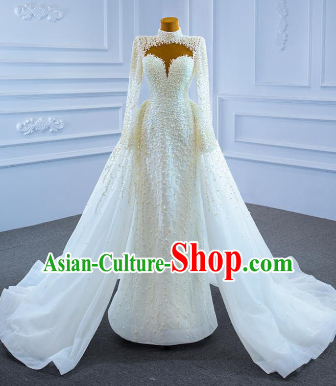 Custom Compere Vintage Clothing Luxury Embroidery Pearls Wedding Dress Ceremony Formal Garment Marriage Bride Full Dress Catwalks Costume