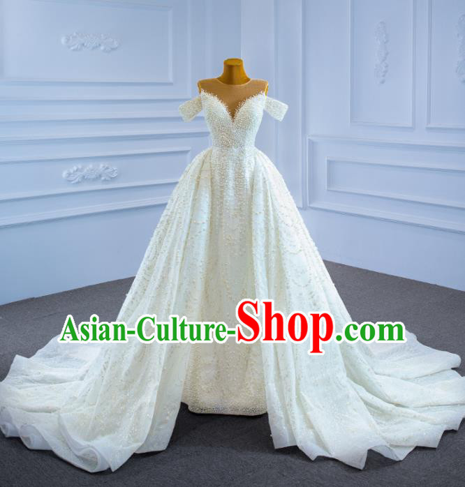 Custom Catwalks Costume Compere Vintage Clothing Luxury Embroidery Pearls Wedding Dress Ceremony Formal Garment Marriage Bride Trailing Full Dress