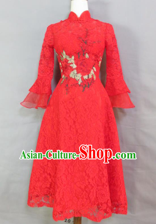 China Bride Toasting Clothing Wedding Garment Costumes Classical Red Lace Cheongsam Traditional Short Qipao Dress
