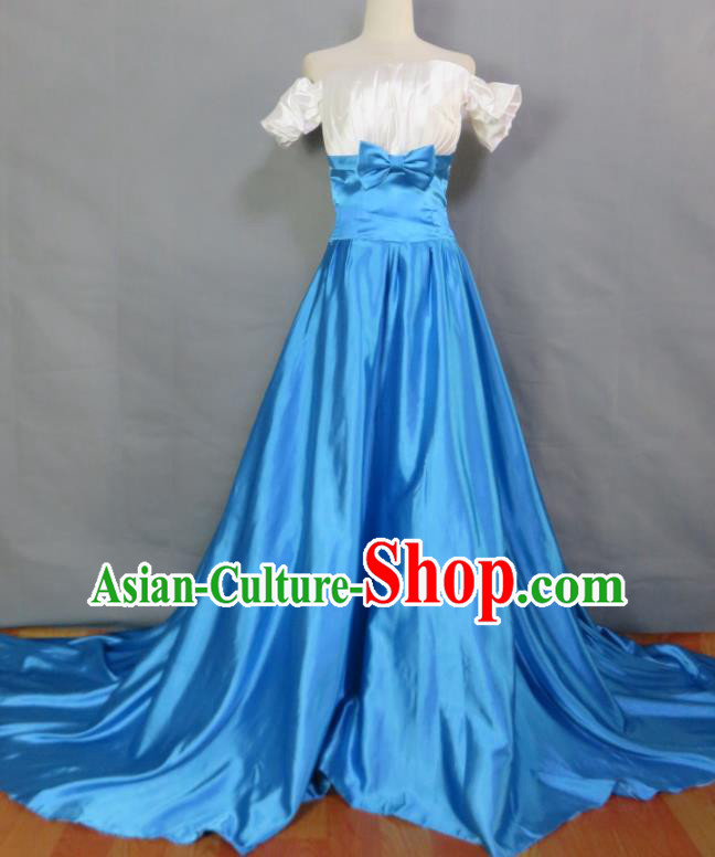 Top Bridesmaid Blue Satin Full Dress Compere Formal Attire Women Chorus Performance Garment Costume Annual Meeting Catwalks Clothing