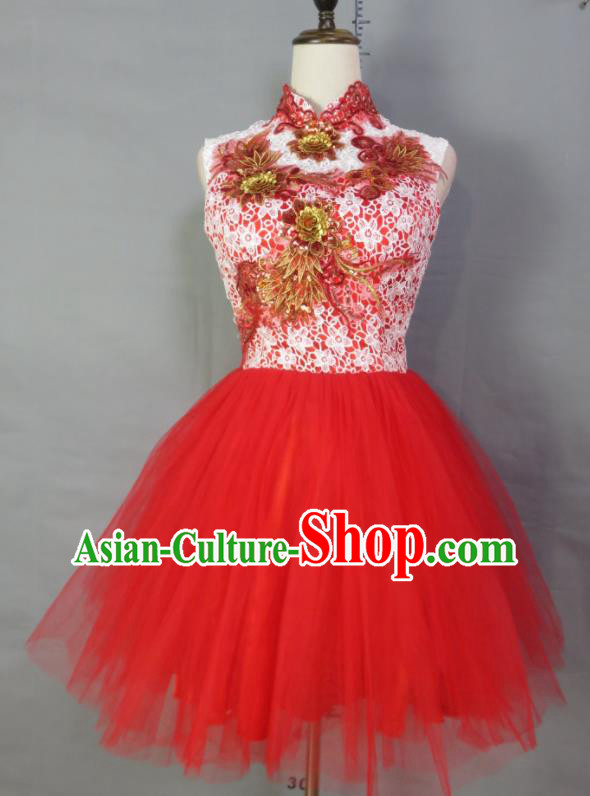 Custom Modern Dance Fashion Costume Bride Red Veil Full Dress Embroidery Lace Wedding Dress Photography Clothing