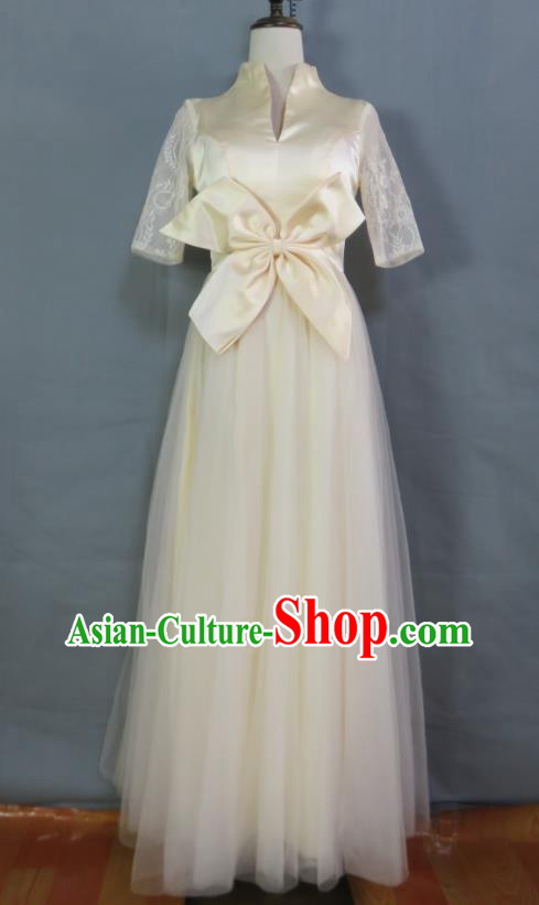 Top Bridesmaid Beige Bowknot Full Dress Compere Formal Attire Women Chorus Garment Costume Annual Meeting Performance Clothing