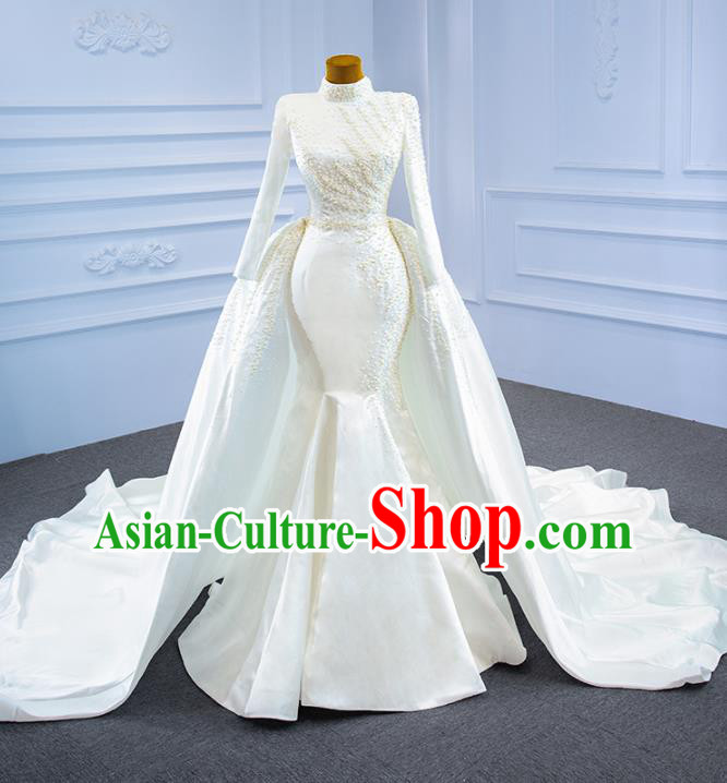 Custom Marriage Bride White Satin Fishtail Full Dress Catwalks Formal Costume Compere Vintage Clothing Luxury Wedding Dress Ceremony Garment