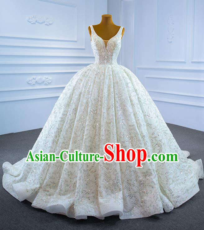 Custom Ceremony Embroidery Sequins Garment Marriage Bride White Trailing Full Dress Catwalks Formal Costume Compere Vintage Clothing Luxury Wedding Dress