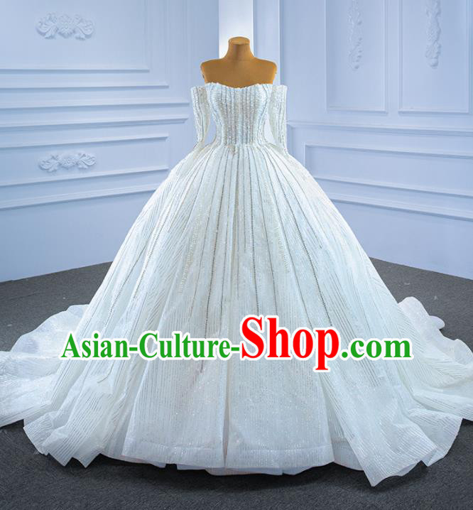 Custom Bride Embroidery Pearls Full Dress Catwalks Costume Compere Stage Clothing Vintage Luxury Trailing Wedding Dress Marriage Ceremony Formal Garment