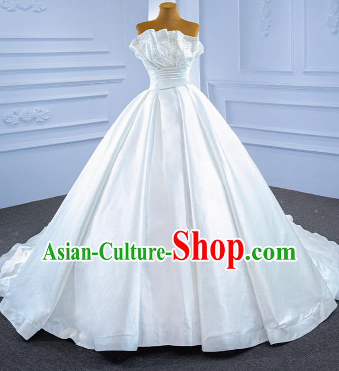 Custom Marriage Ceremony Formal Garment Bride Embroidery Pearls Full Dress Catwalks Costume Compere Stage Clothing Vintage Luxury White Satin Trailing Wedding Dress
