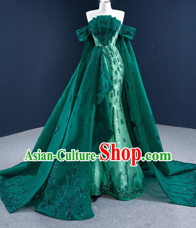 Custom Catwalks Princess Costume Ceremony Vintage Clothing Luxury Wedding Dress Compere Formal Garment Marriage Bride Deep Green Trailing Full Dress