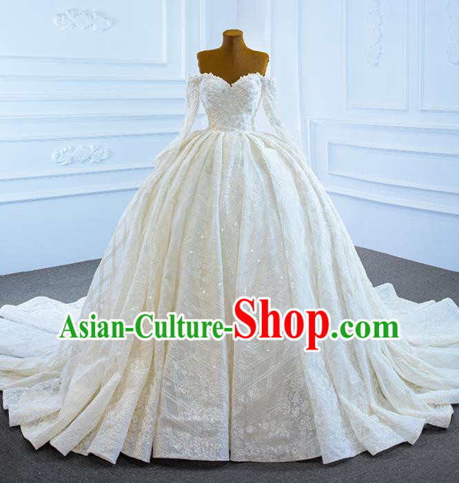 Custom Bride Beige Trailing Full Dress Catwalks Princess Costume Ceremony Compere Clothing Luxury Embroidery Pearls Wedding Dress Vintage Formal Garment