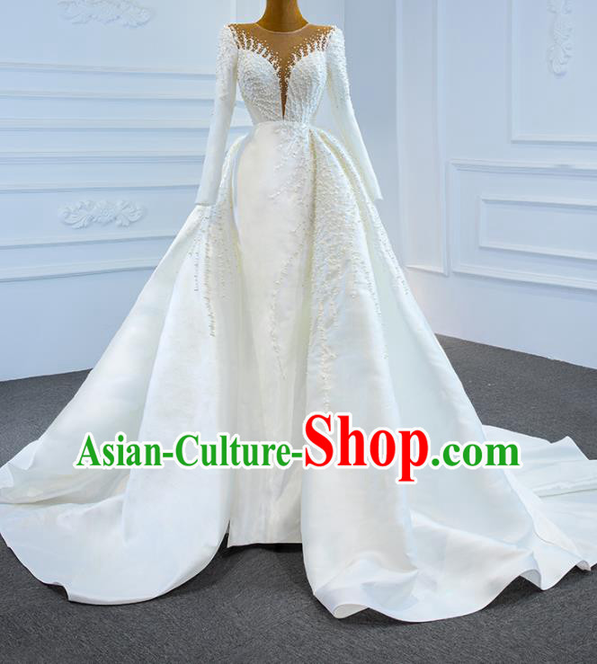 Custom Luxury Embroidery Pearls Wedding Dress Vintage Formal Garment Bride White Satin Full Dress Catwalks Princess Costume Ceremony Compere Clothing