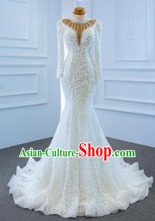 Custom Vintage Formal Garment Bride Embroidery Pearls Full Dress Catwalks Princess Costume Ceremony Compere Clothing Luxury Backless Wedding Dress