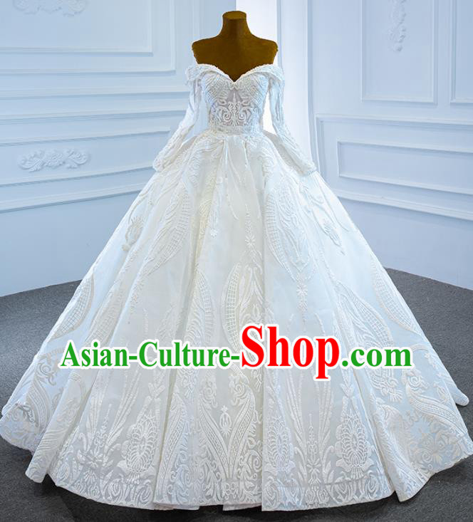 Custom Bride Embroidery Pearls Full Dress Catwalks Princess Costume Ceremony Compere Clothing Luxury Off Shoulder Wedding Dress Vintage Formal Garment