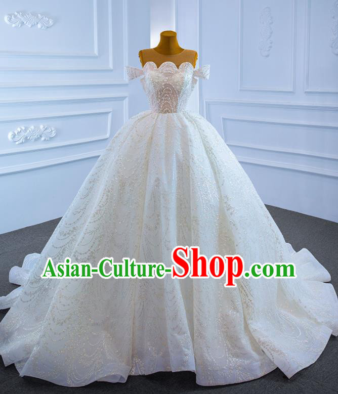 Custom Catwalks Formal Costume Ceremony Vintage Clothing Luxury Trailing Wedding Dress Compere Embroidery Pearls Garment Marriage Bride Full Dress