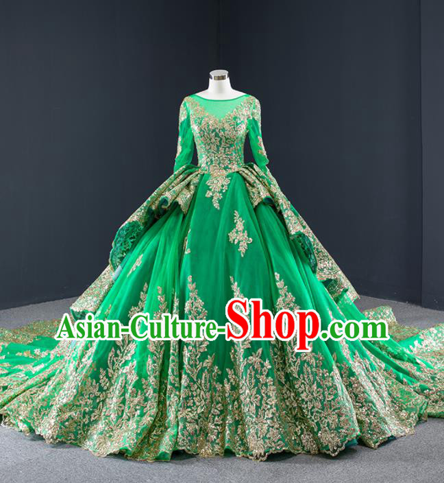Custom European Princess Costume Vintage Bride Clothing Luxury Green Wedding Dress Compere Formal Garment Court Trailing Full Dress