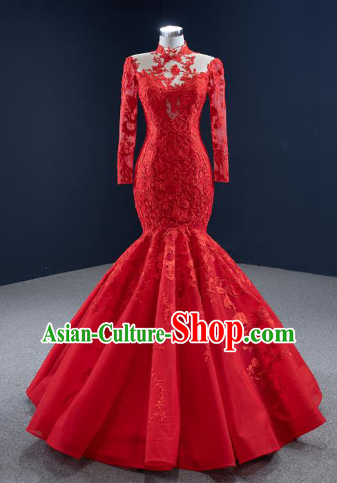 Custom Marriage Bride Clothing Vintage Embroidery Fishtail Wedding Dress Luxury Formal Garment Compere Red Lace Full Dress Catwalks Princess Costume