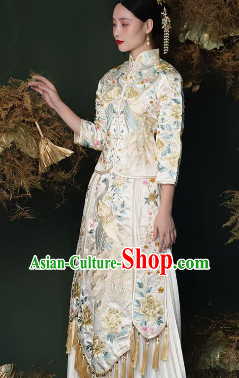 China Wedding Garment Costumes Bride Toasting Beige Dress Outfits Traditional Xiuhe Suits Embroidery Bridal Attire Clothing