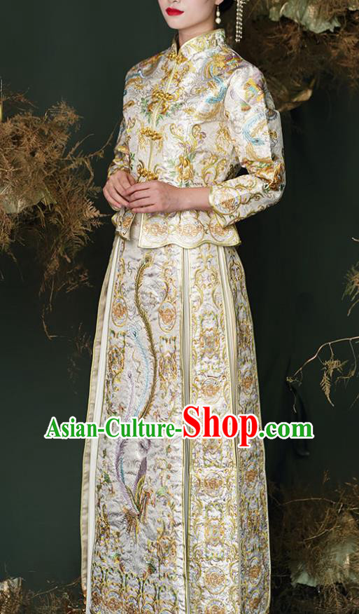 China Traditional Light Golden Xiuhe Suits Embroidery Dragon Phoenix Bridal Attire Clothing Wedding Toasting Garment Costumes Bride Dress Outfits